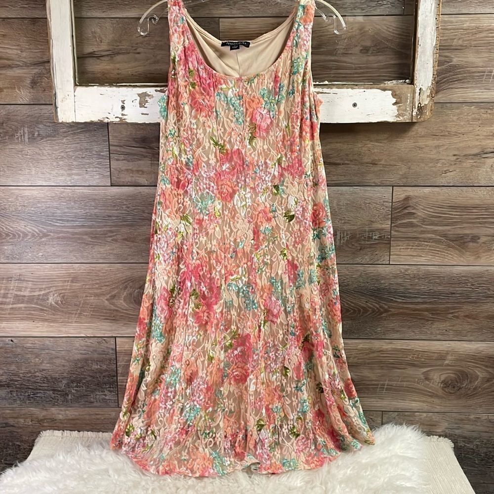PERCEPTIONS Ladies Pink Floral Pastel Lace Sleeveless Swing Dress Size Small
